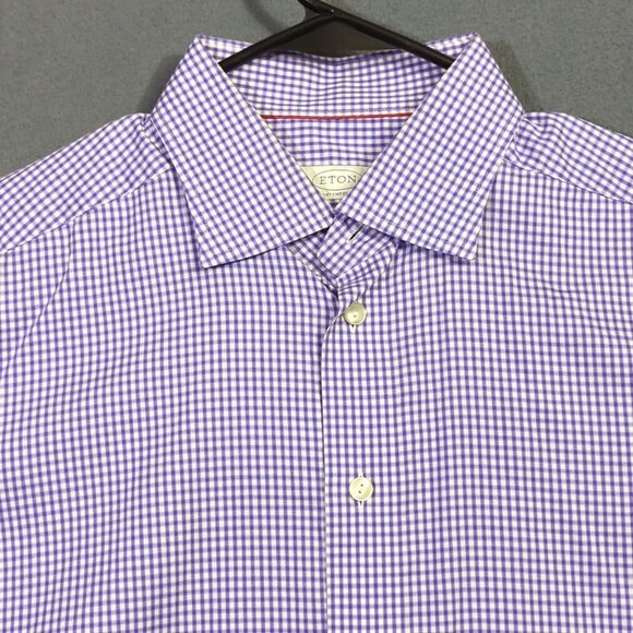Eton Shirt Men's 16.5 42 Purple Check Contemporary Cotton Long Sleeve Button Up - Picture 3 of 11
